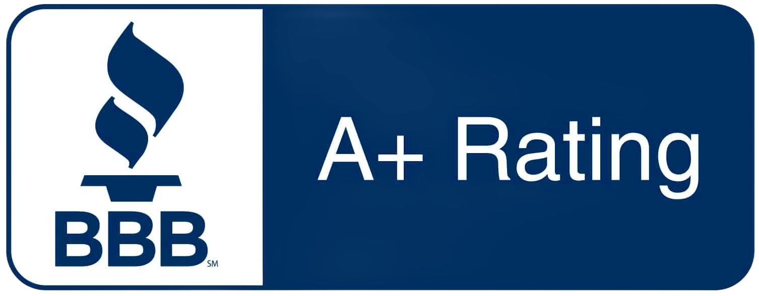 BBB A+ Rating logo. A flame logo in a white box, followed by a dark blue box with white text.