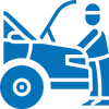 Mechanic inspecting a car engine with the hood open, blue silhouette.