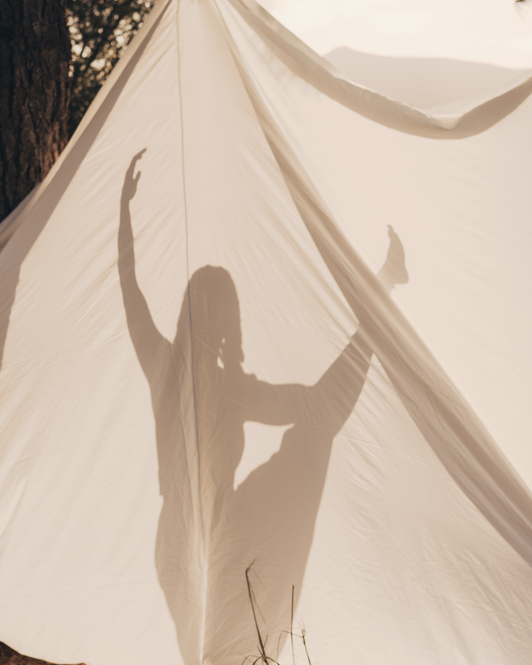 Silhouette of a person with raised arms behind a sunlit white sheet outdoors