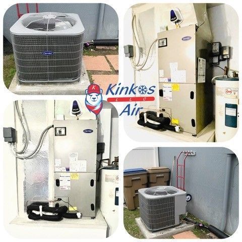 Collage of Kink’s Air HVAC units: outdoor condenser and indoor furnace equipment with ductwork and wiring.