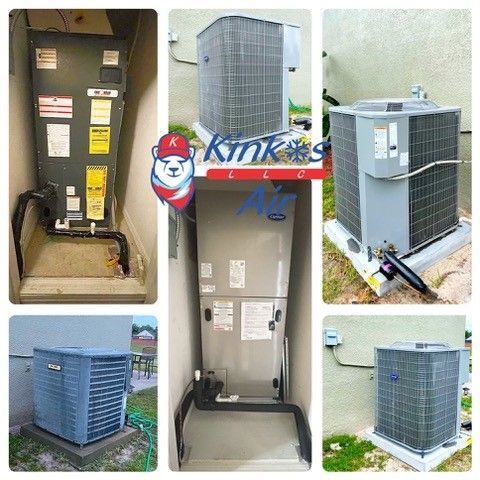Collage of HVAC unit before and after replacement, showing indoor closet and outdoor condenser installations