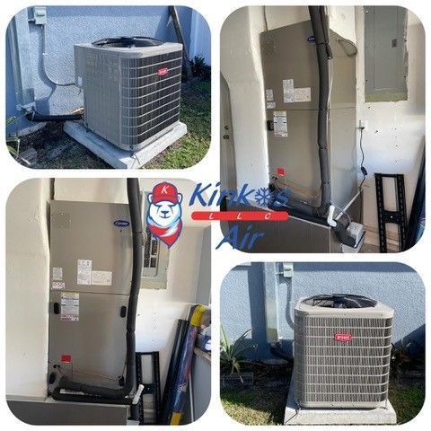 Four-panel collage of outdoor HVAC air conditioner and furnace units beside a house, with “King Air” logo.