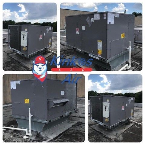 Collage of a gray industrial HVAC unit on a rooftop under a cloudy sky