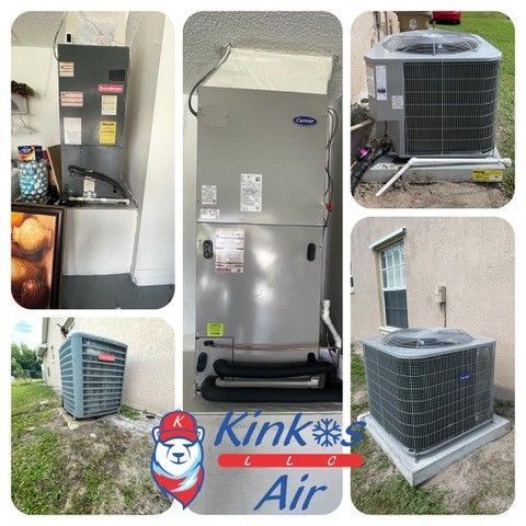 Collage of HVAC air conditioners and furnace units installed outside and indoors, with Kink Air logo.