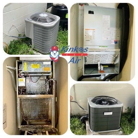 Four-panel collage of outdoor air conditioner units, including a detached unit and close-ups of equipment panels.