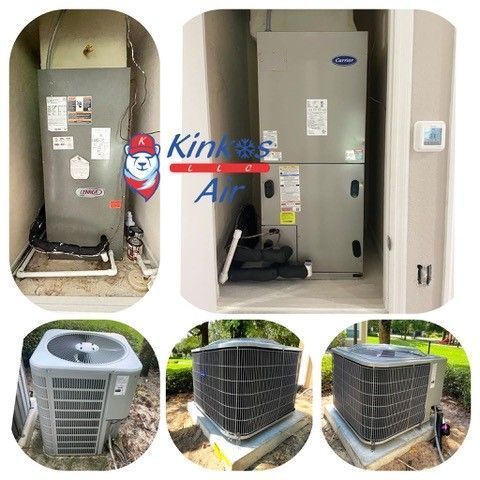 HVAC unit installation photos: indoor furnace and outdoor condenser units from multiple angles.
