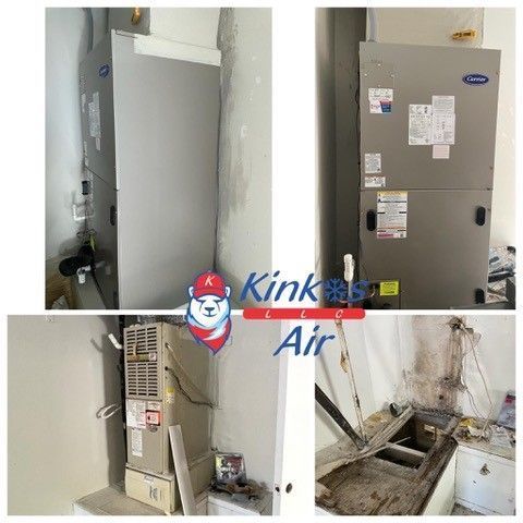 Four HVAC unit photos, showing indoor air handlers and outdoor equipment in a utility area.