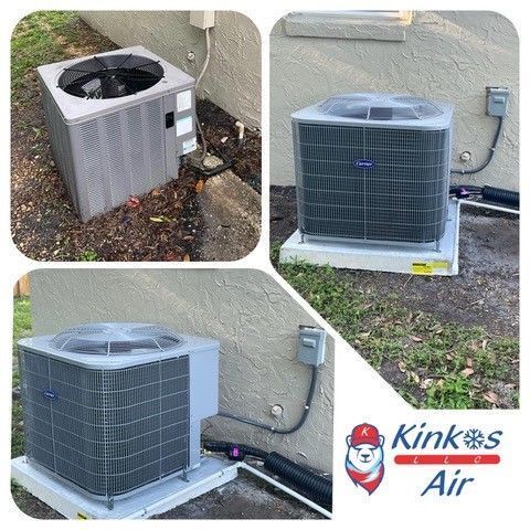 Three photos of a Kinkos Air outdoor AC unit being serviced, with condenser and refrigerant lines visible.