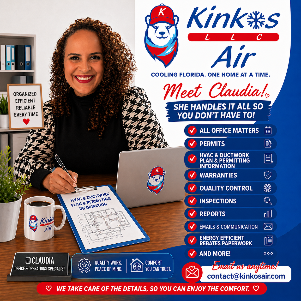 Promotional flyer for Kinkos Air showing Claudia at a laptop with service list and contact details.