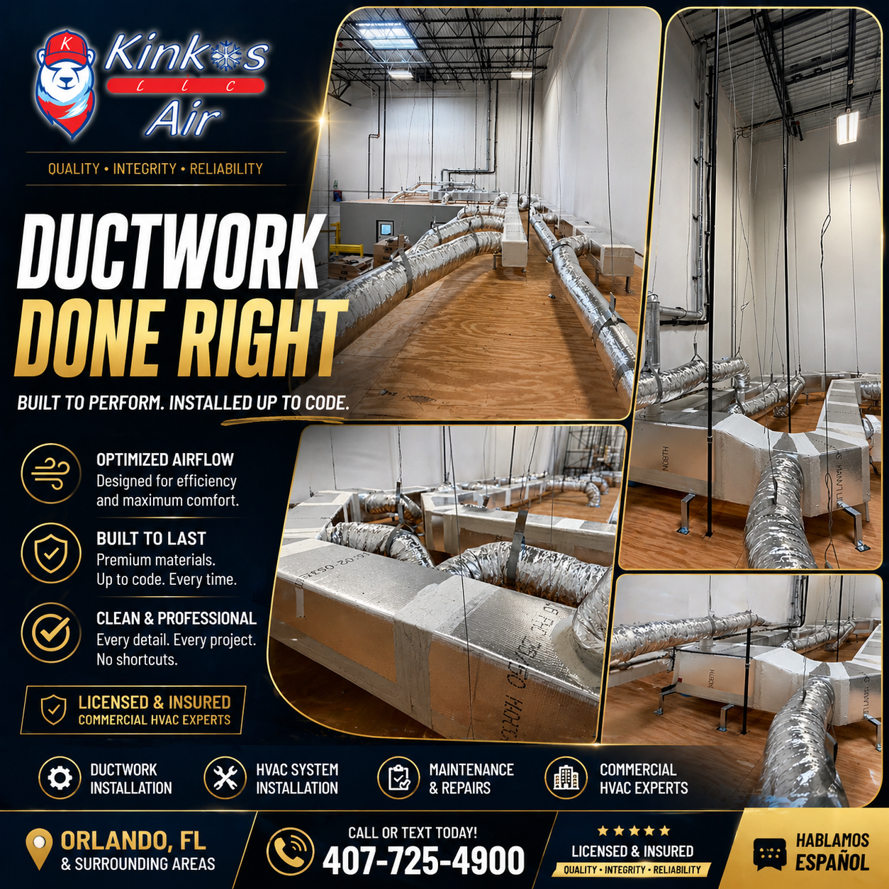 Kink’s Air ductwork installation ad showing polished metal ducts in a commercial interior