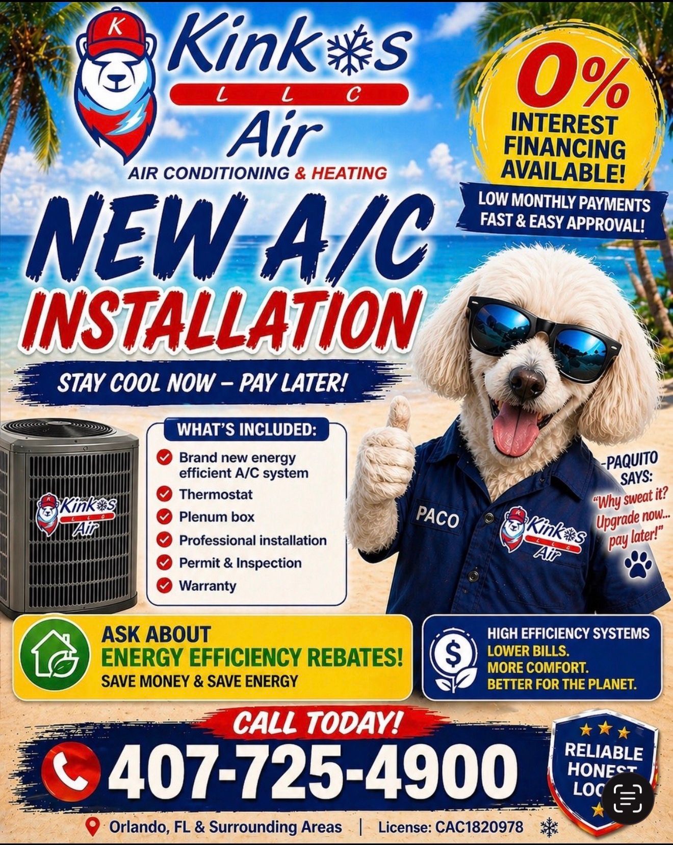 Kinks Air ad for new A/C installation, dog mascot in blue shirt, 0% financing, call 407-725-4900
