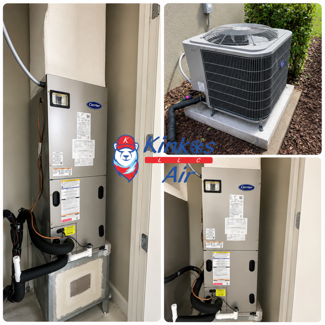 Outdoor HVAC condenser and indoor air handler unit, shown in a three-panel collage. Outdoor HVAC condenser and indoor air handler unit, shown in a three-panel collage.
