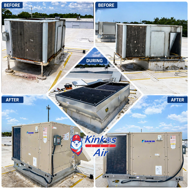 Before-and-after collage of a rooftop HVAC unit being repaired and replaced on a commercial building.