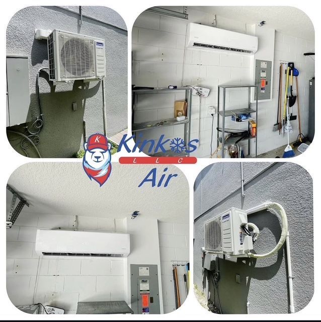 Collage of white wall-mounted air conditioners and equipment in a clean indoor utility room