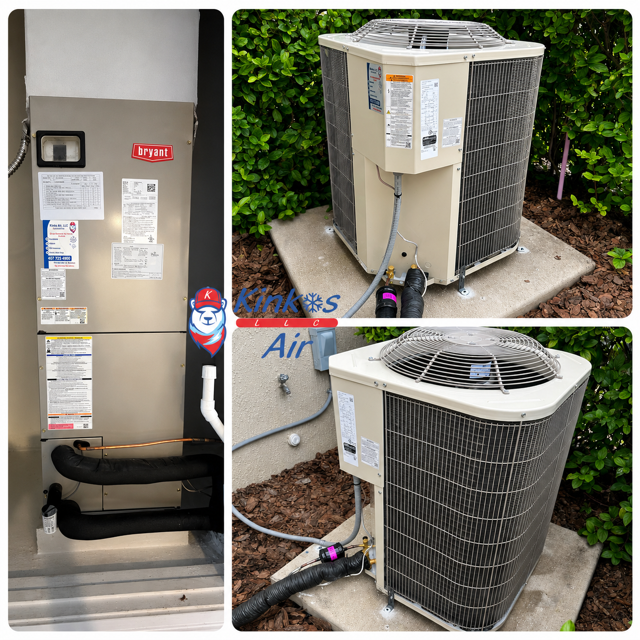 Indoor and outdoor HVAC system components: air handler, condenser unit, and refrigerant lines. Indoor and outdoor HVAC system components: air handler, condenser unit, and refrigerant lines.