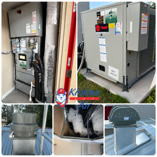 HVAC unit collage showing exterior equipment, vents, ductwork, and rooftop vent caps