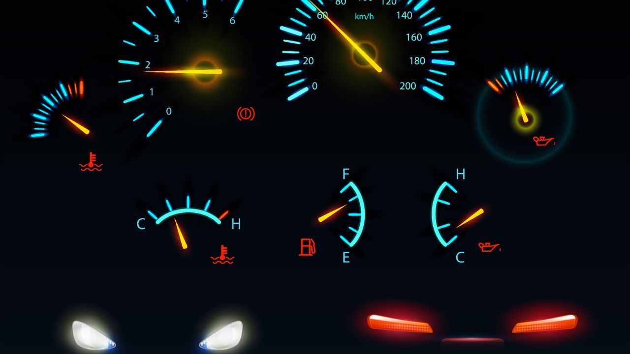 Car dashboard displaying engine, oil pressure, temperature, fuel, and brake warning indicators.