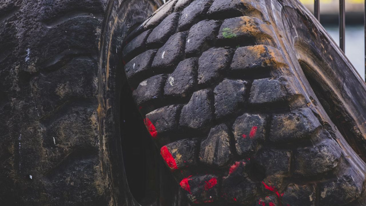 Comparison of two heavily worn industrial tires with different tread patterns, highlighting the effects of prolonged use and road wear