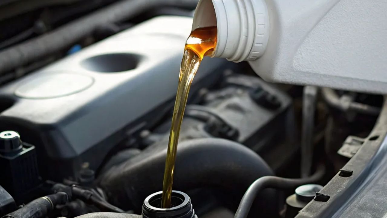 Professional carefully pouring fluid into a car’s brake fluid reservoir during vehicle maintenance