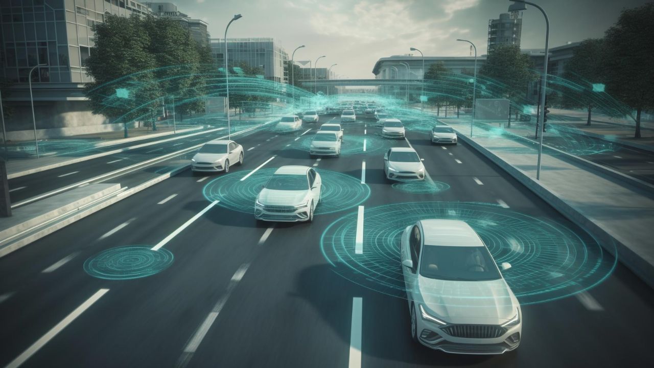 Smart connected vehicles driving on a city road with ADAS sensor technology overlays.

