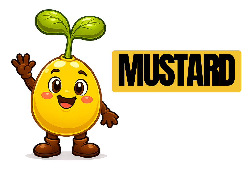 Cartoon mustard seed character with green sprouts and smiling face beside the word “MUSTARD”