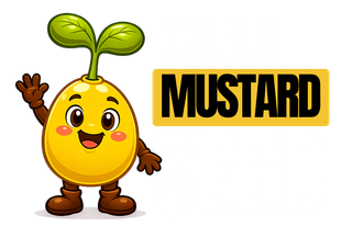 Cartoon mustard seed character with green sprouts and smiling face beside the word “MUSTARD”