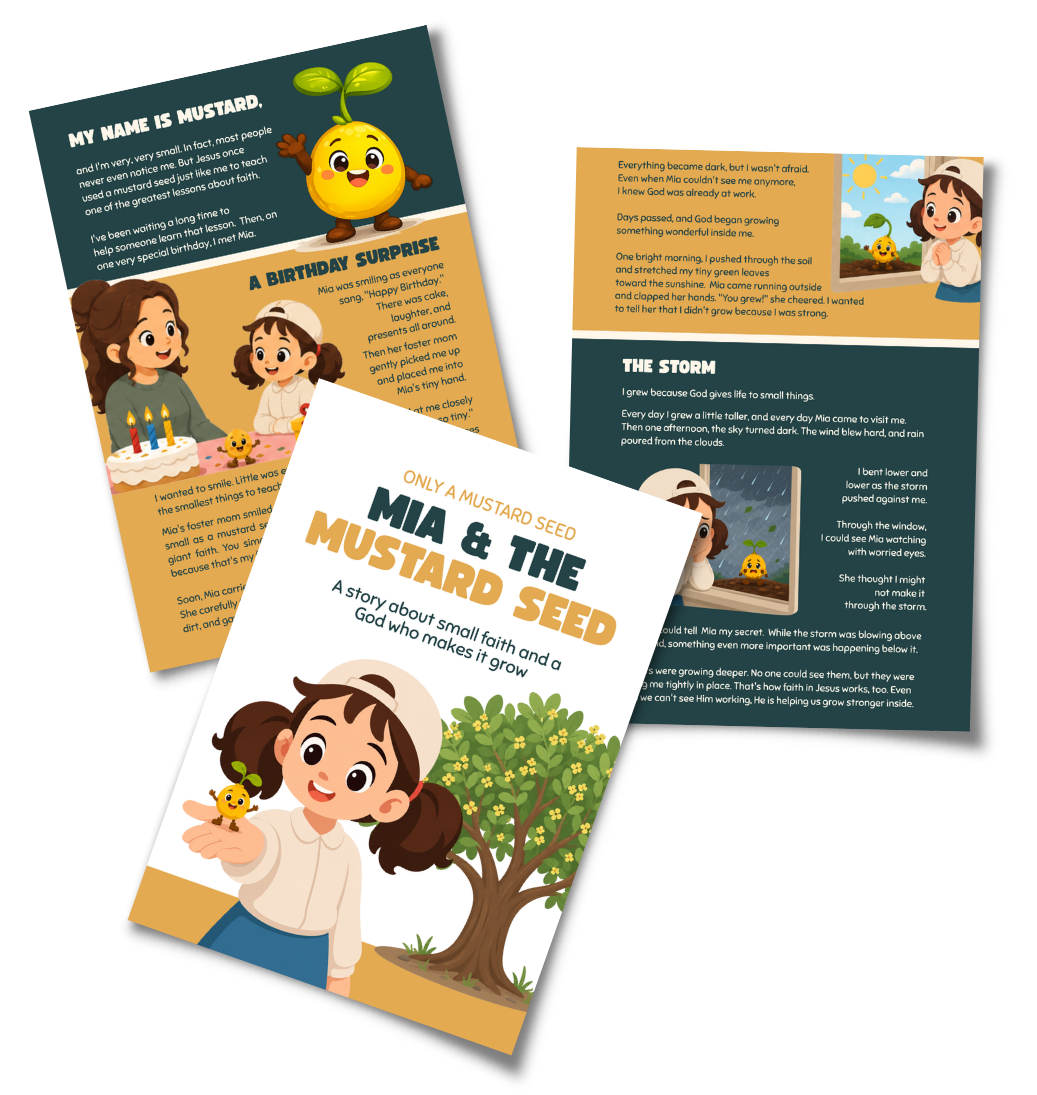 Three children’s book covers about Mia and the mustard seed, shown in bright colors and stacked together