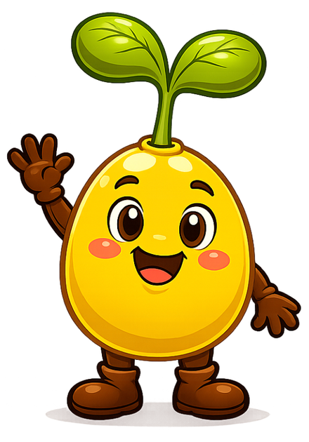 Cute smiling yellow sprout character with green leaves, waving and wearing brown gloves and boots
