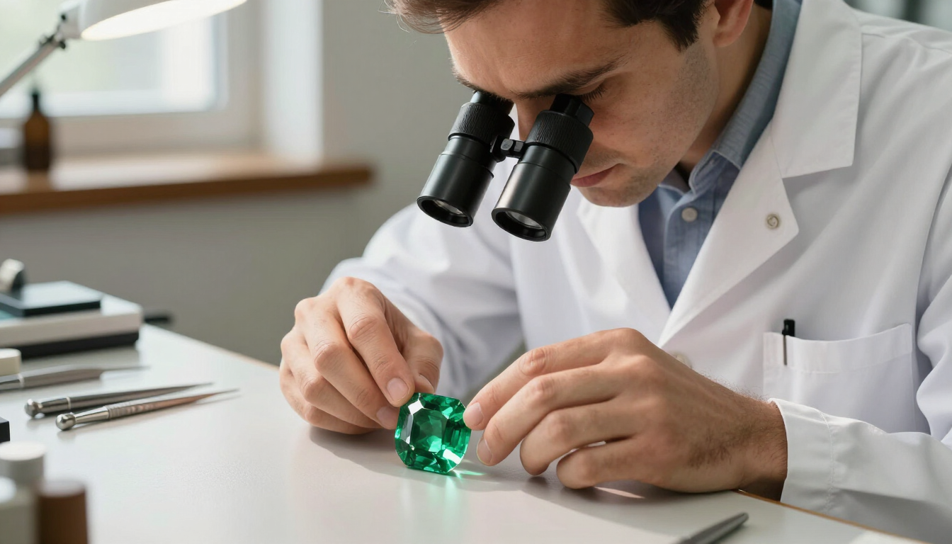 Científico examinando una gema verde bajo un microscopio en un laboratorio