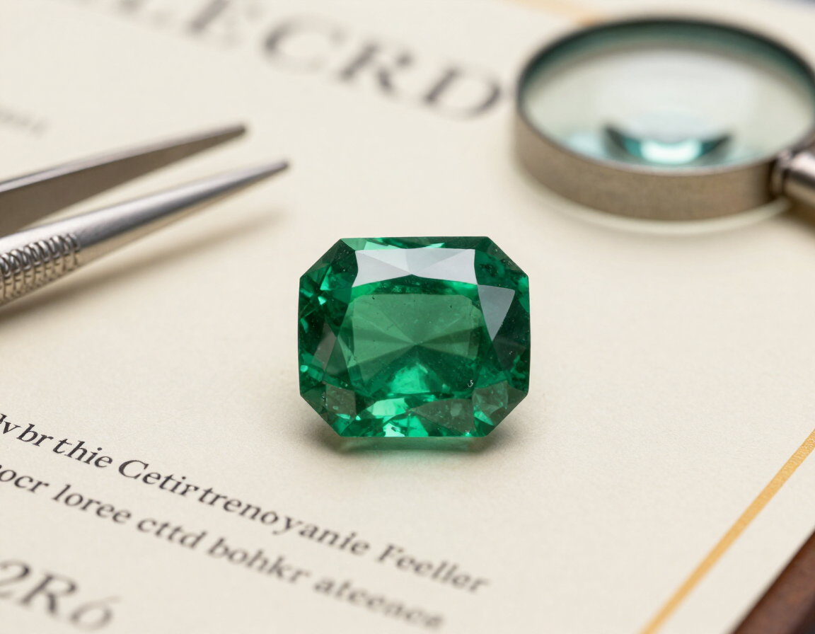 Piedra preciosa verde sobre una página de una revista, junto a unas pinzas y una lupa