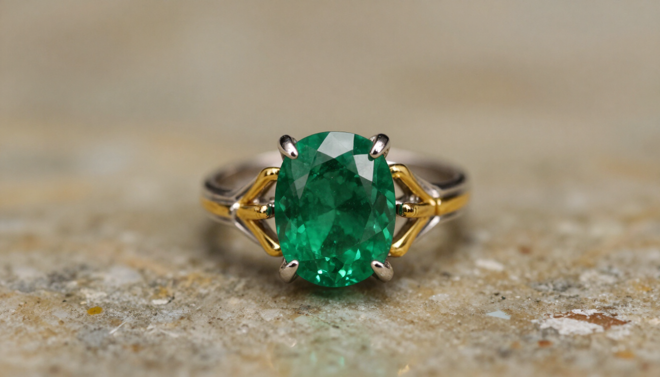 Anillo de oro con una gran gema verde sobre una superficie de piedra