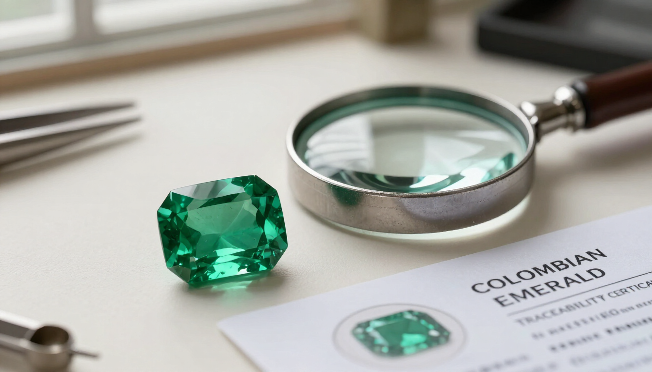 Gema de esmeralda verde junto a una lupa sobre una mesa de tasación de joyas