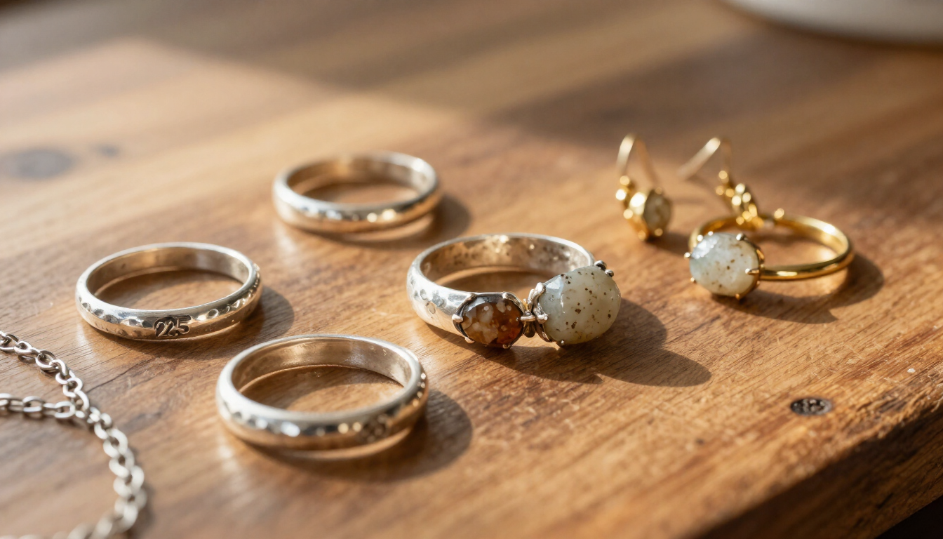 Anillos y pendientes variados dispuestos sobre una superficie de madera.