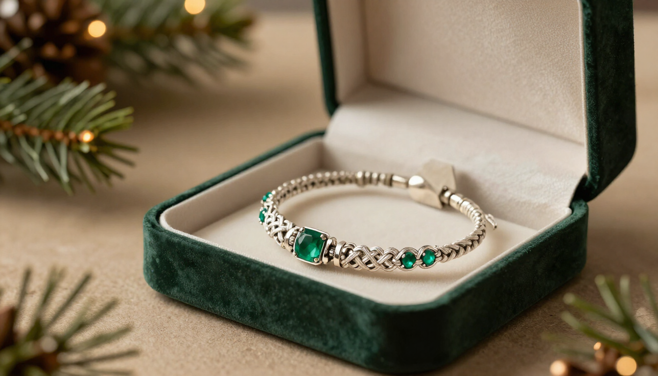 Pulsera de plata con piedras preciosas verdes en un joyero de terciopelo abierto