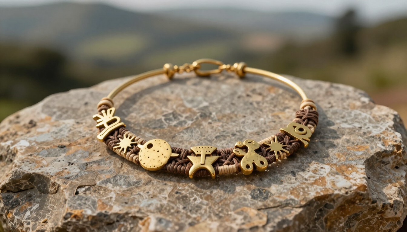 Pulsera de dijes dorada y marrón sobre una roca, con colinas desenfocadas al fondo