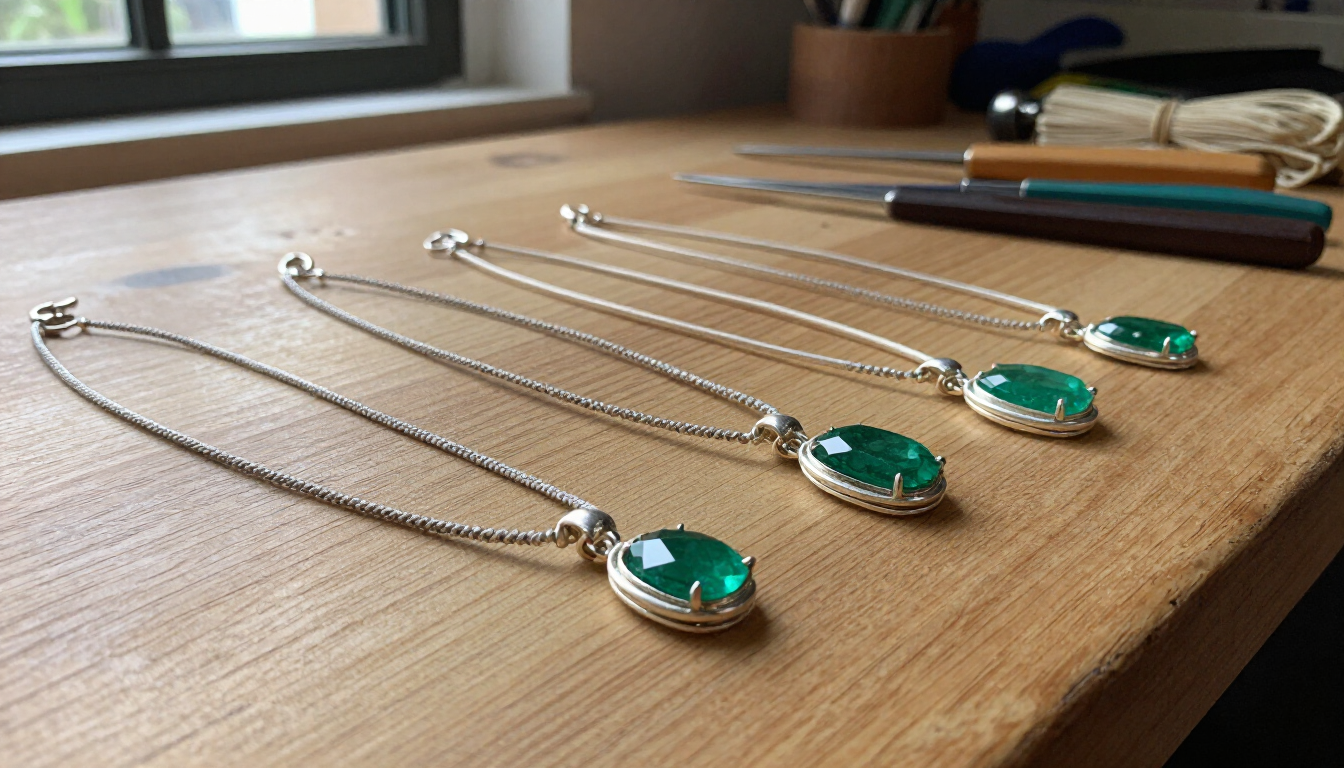 Cuatro collares de plata con colgantes de piedras preciosas verdes colocados sobre una mesa de madera junto a una ventana.