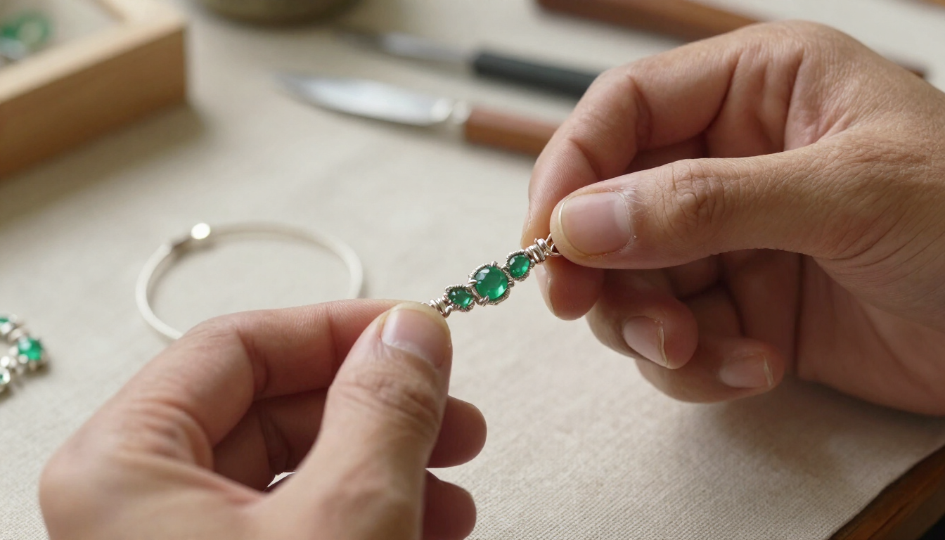 Unas manos enhebran cuentas verdes en una pulsera sobre una mesa