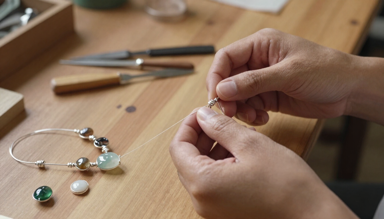 Manos montando un pendiente plateado con cuentas sobre una mesa de madera, con herramientas de joyería cerca