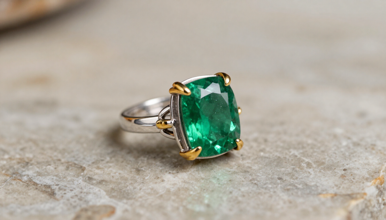 Anillo de plata con una gran gema verde y engastes de oro sobre una superficie de piedra