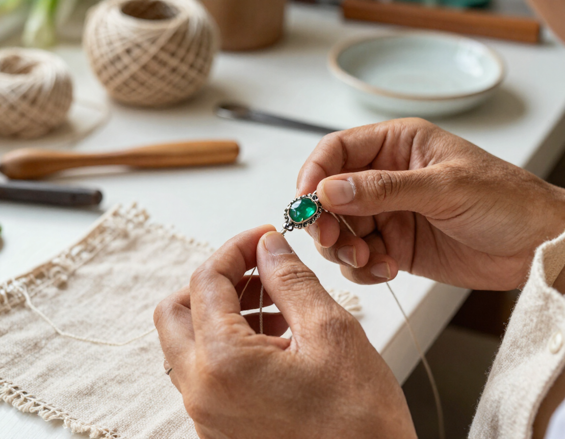 Manos sosteniendo un anillo verde sobre una tela de encaje en una mesa de manualidades con cordel y herramientas.