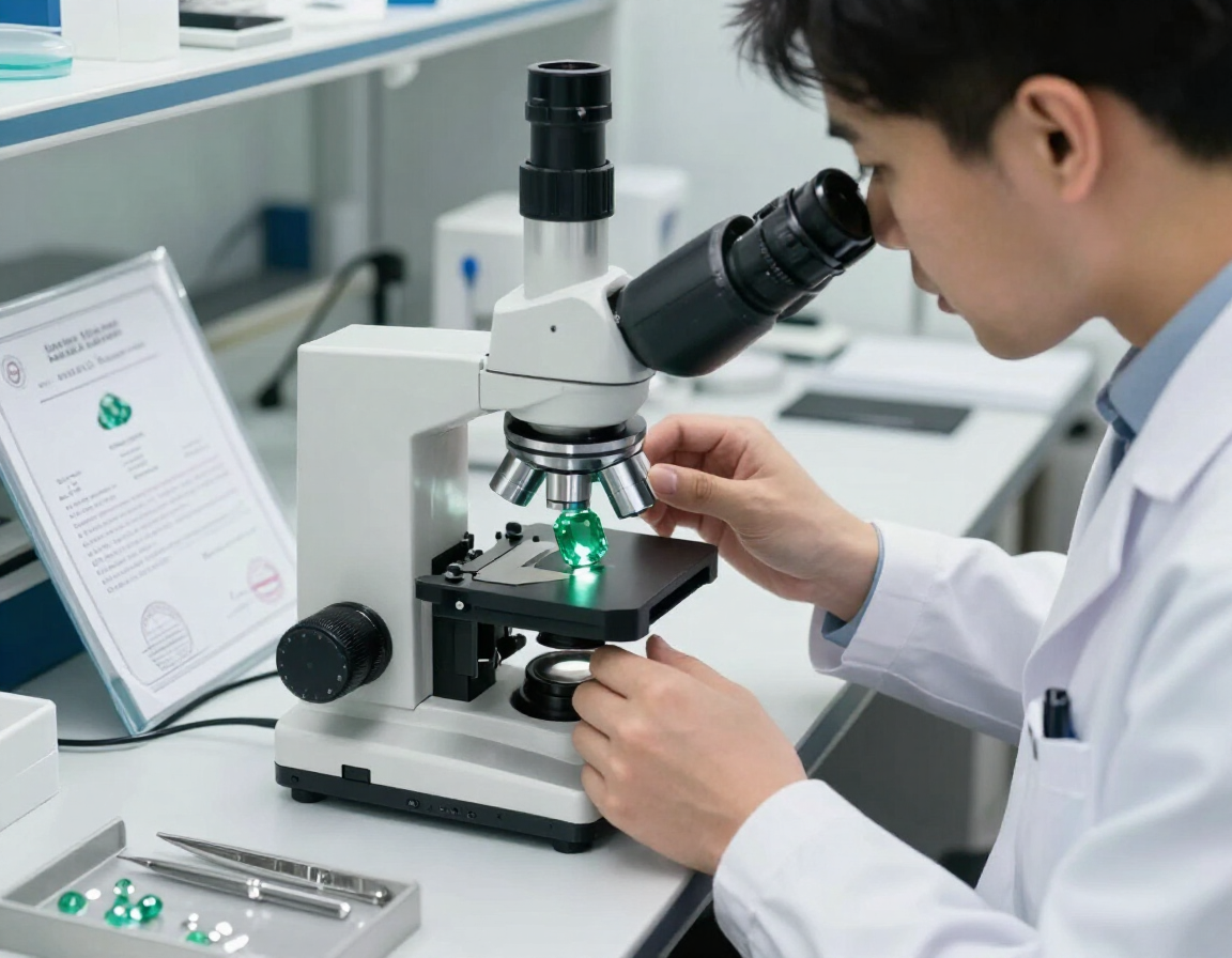 Un técnico utiliza un microscopio en un laboratorio limpio para examinar una muestra verde en un portaobjetos.