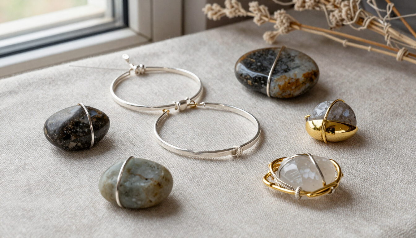 Pulseras de plata y oro con anillos de piedras pulidas sobre una mesa clara junto a una ventana.