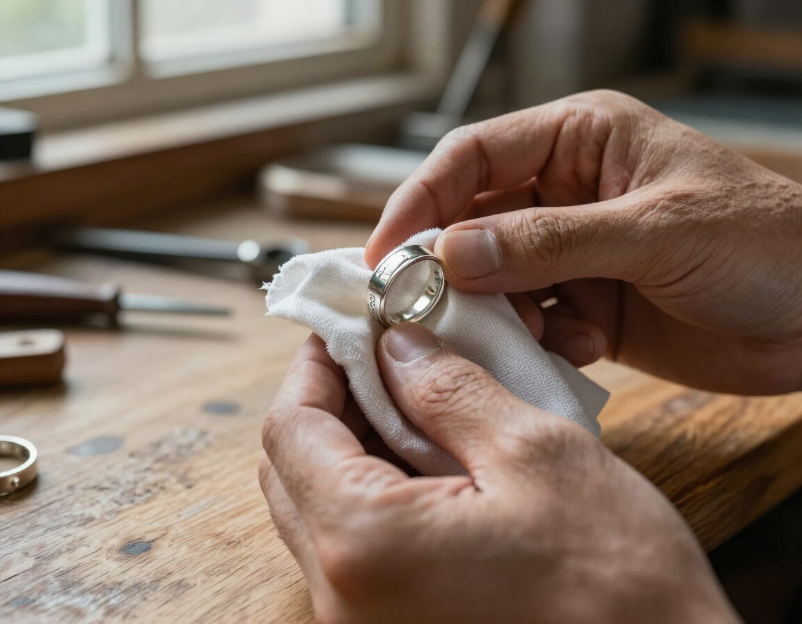 Manos puliendo un anillo de plata con un paño sobre un banco de trabajo de madera junto a una ventana.