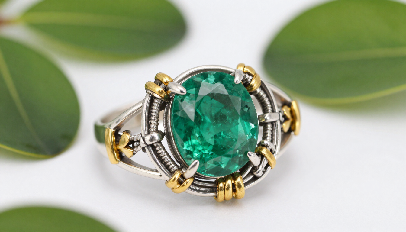 Anillo con una gema verde ovalada y engaste de plata y oro sobre un fondo de hojas desenfocado