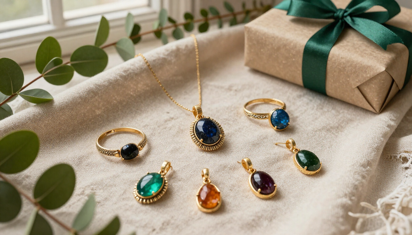Joyas de oro con colgantes de gemas de colores dispuestas sobre una mesa junto a una caja de regalo envuelta