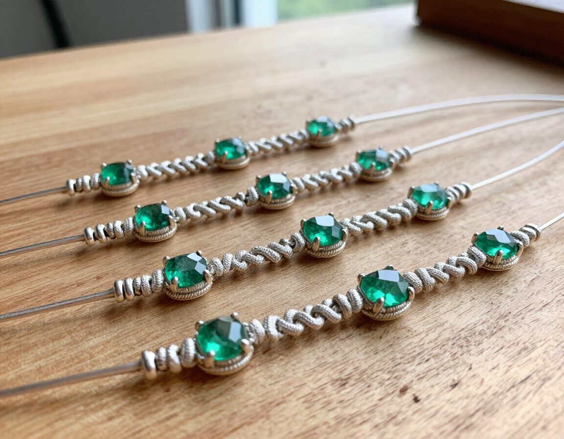 Pulseras verdes de cuentas con detalles plateados dispuestas sobre una superficie de madera