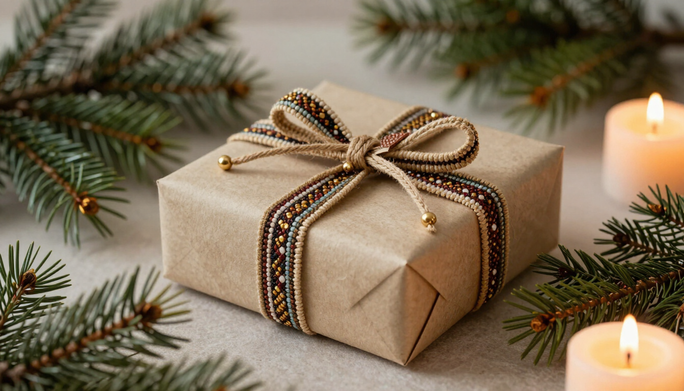 Caja de regalo envuelta con cinta y lazo sobre una mesa, rodeada de ramas de pino y velas encendidas