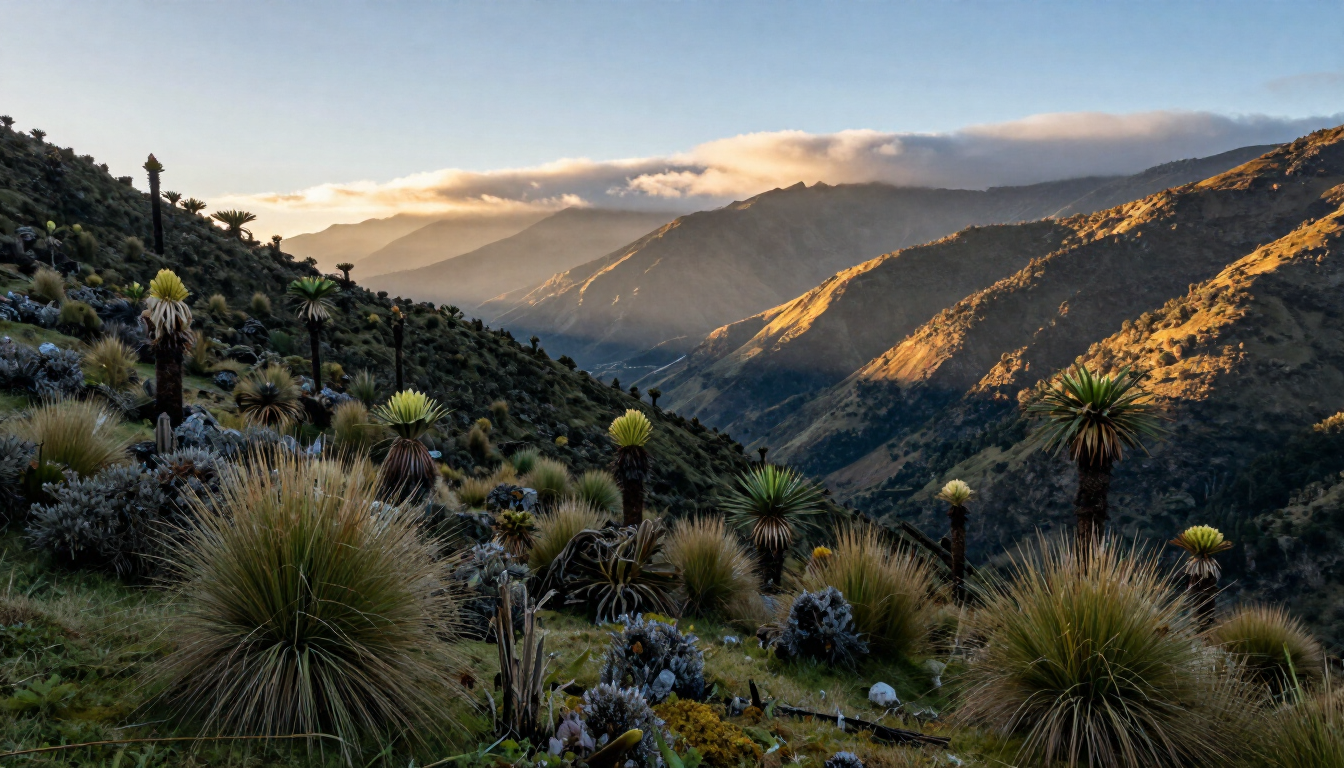 Valle montañoso bañado por el sol, con picos envueltos en niebla, laderas rocosas y plantas desérticas al amanecer