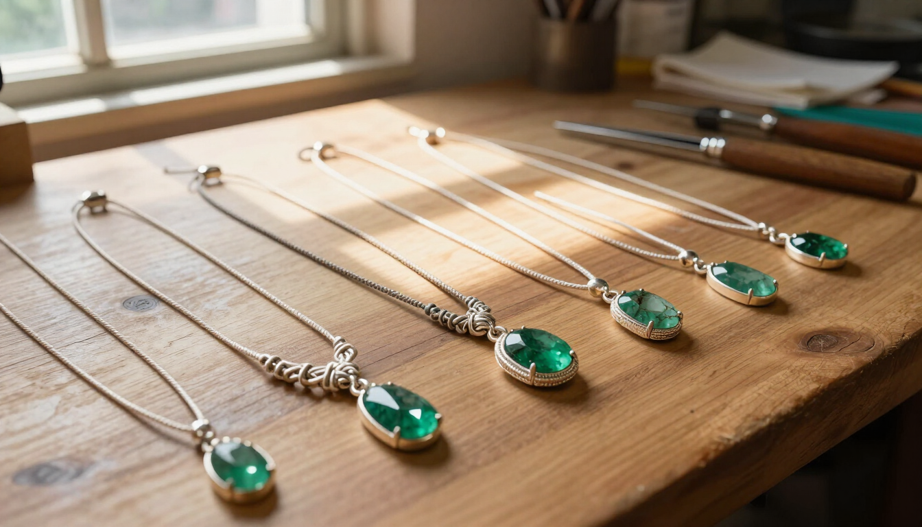 Collares de plata con colgantes verdes en forma de lágrima, dispuestos sobre una mesa de madera junto a una ventana