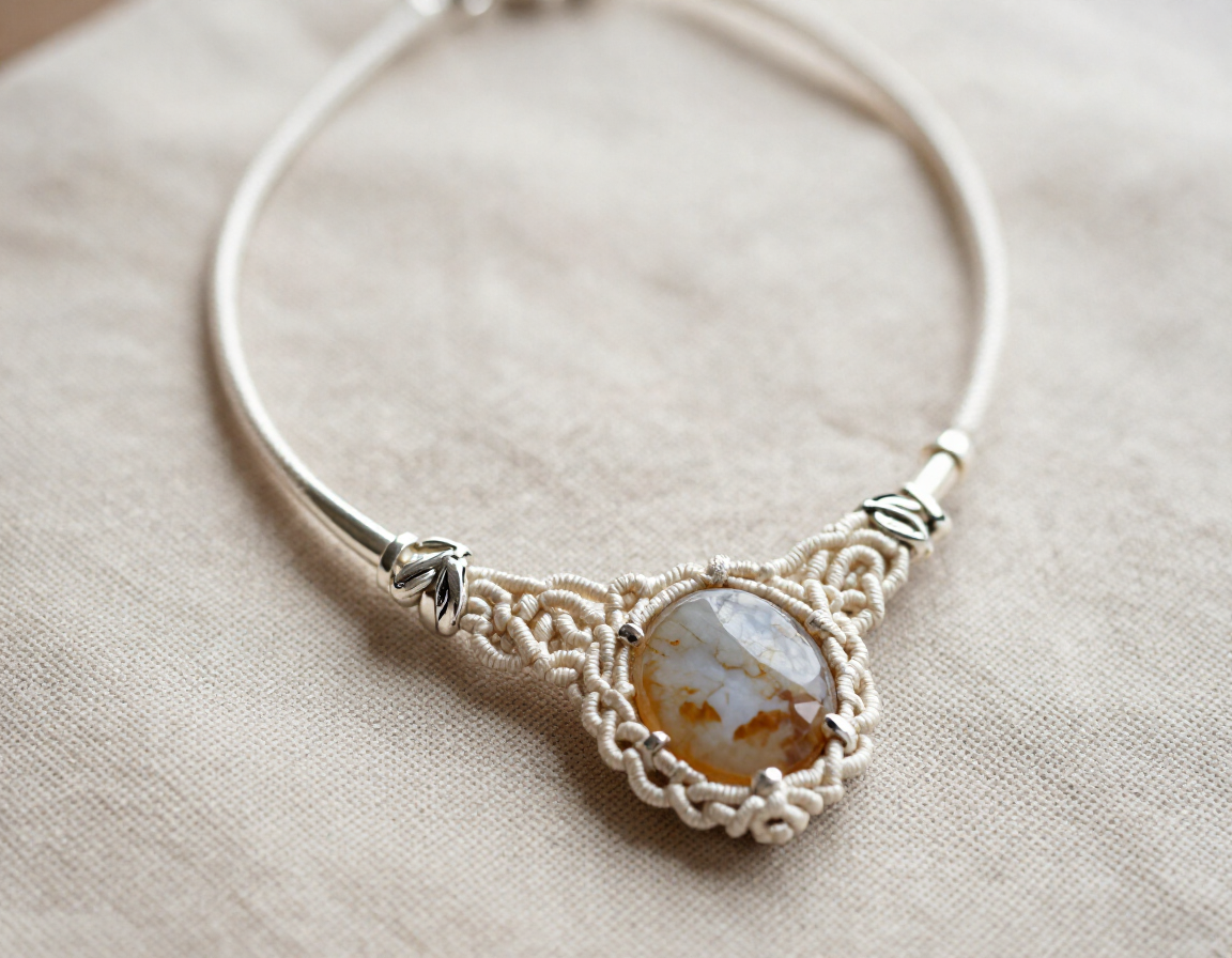 Collar de plata con un colgante trenzado y una piedra de ámbar sobre un fondo de tela beige